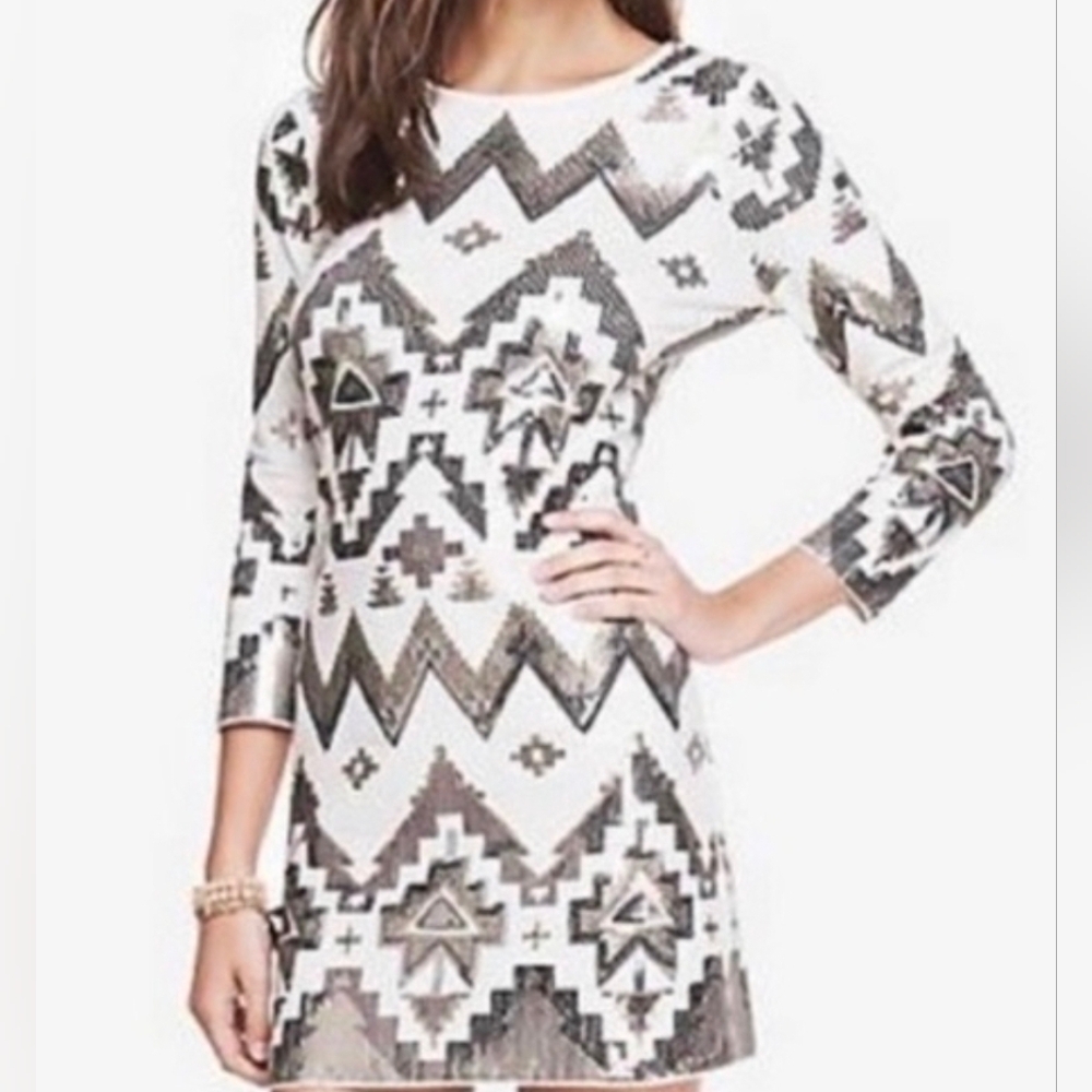 EXPRESS Aztec Sequin Mini Dress. Ivory with Silver & Bronze Sequins.Size S/P NWT